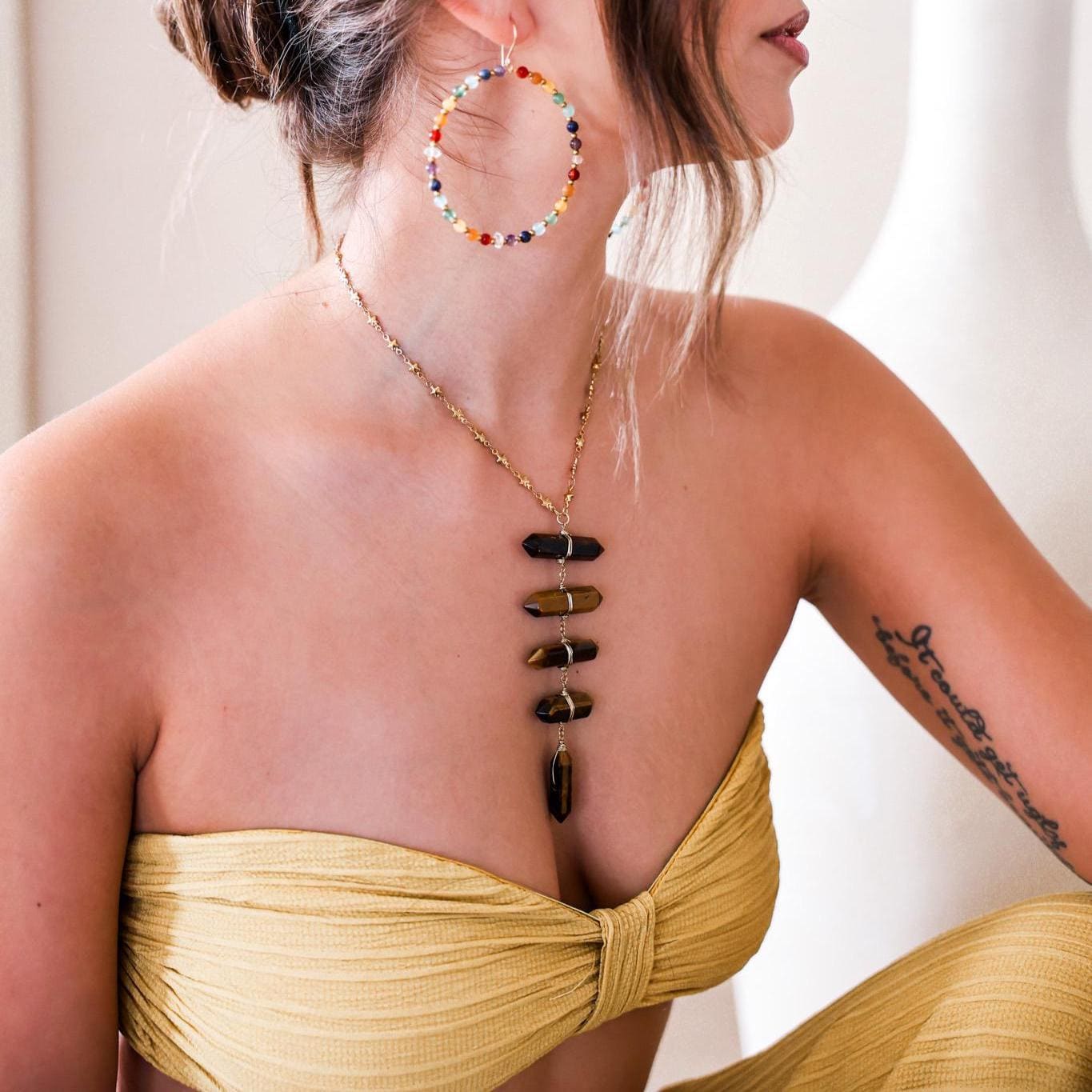 Tigers Eye Point Lariat Necklace: Boho Crystal Statement Jewelry, Boho Statement Necklace, Earthy Crystal Necklace, Tigers Eye Jewelry