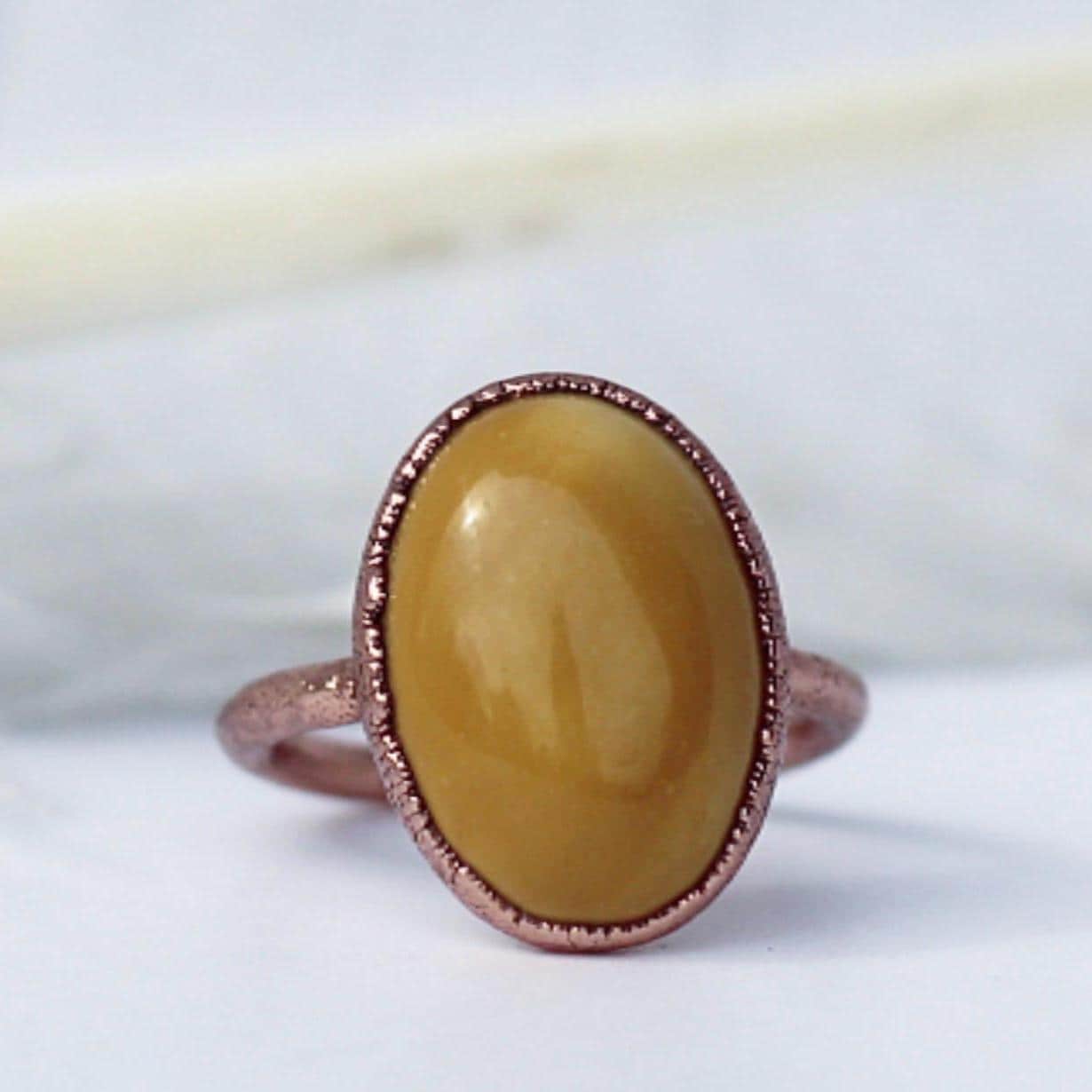 Electroformed Copper Mookaite Ring: Oval Yellow Stone Jewelry, Mookaite Jasper Jewelry, Sunny Yellow Stone Ring