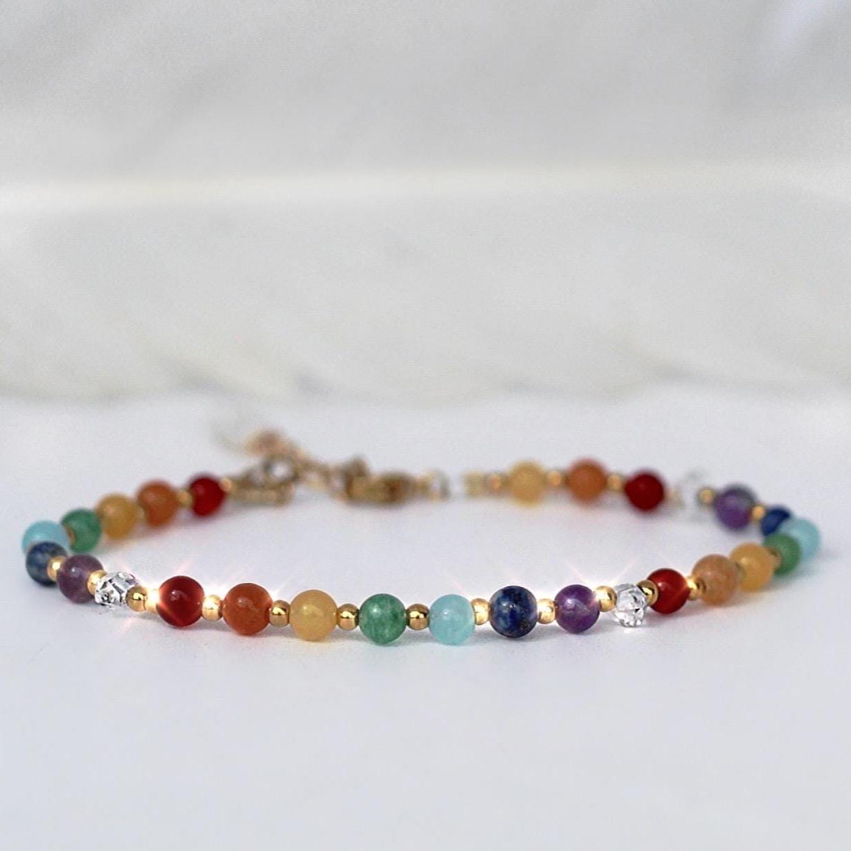 Chakra Gemstone Bracelet with Herkimer Diamonds, Adjustable Mala Bead Bracelet, Natural Chakra Stone Jewelry, Rainbow Beaded Bracelet