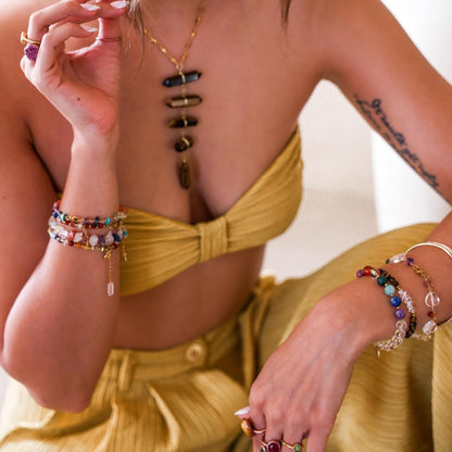 Chakra Gemstone Bracelet with Herkimer Diamonds, Adjustable Mala Bead Bracelet, Natural Chakra Stone Jewelry, Rainbow Beaded Bracelet