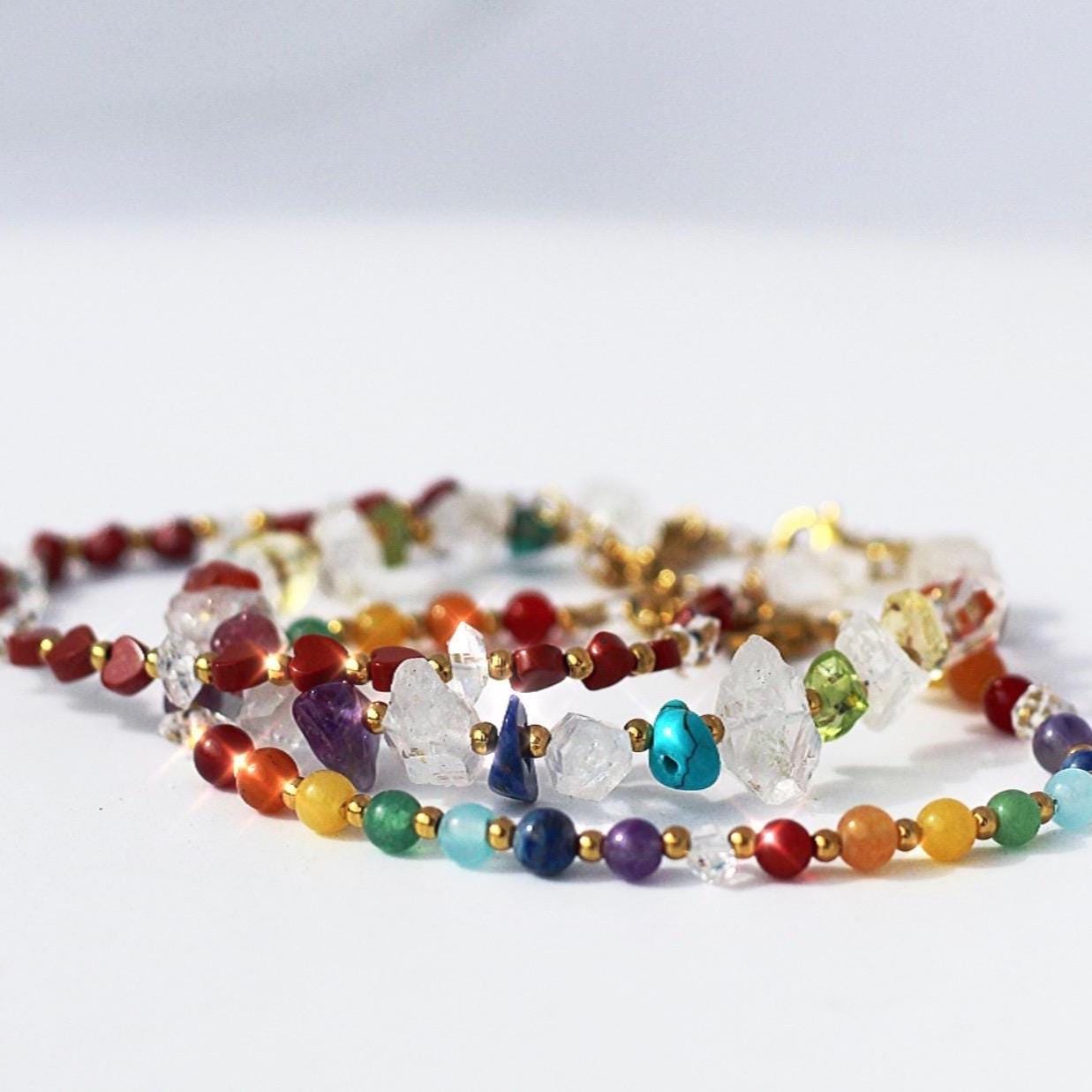 Chakra Gemstone Bracelet with Herkimer Diamonds, Adjustable Mala Bead Bracelet, Natural Chakra Stone Jewelry, Rainbow Beaded Bracelet
