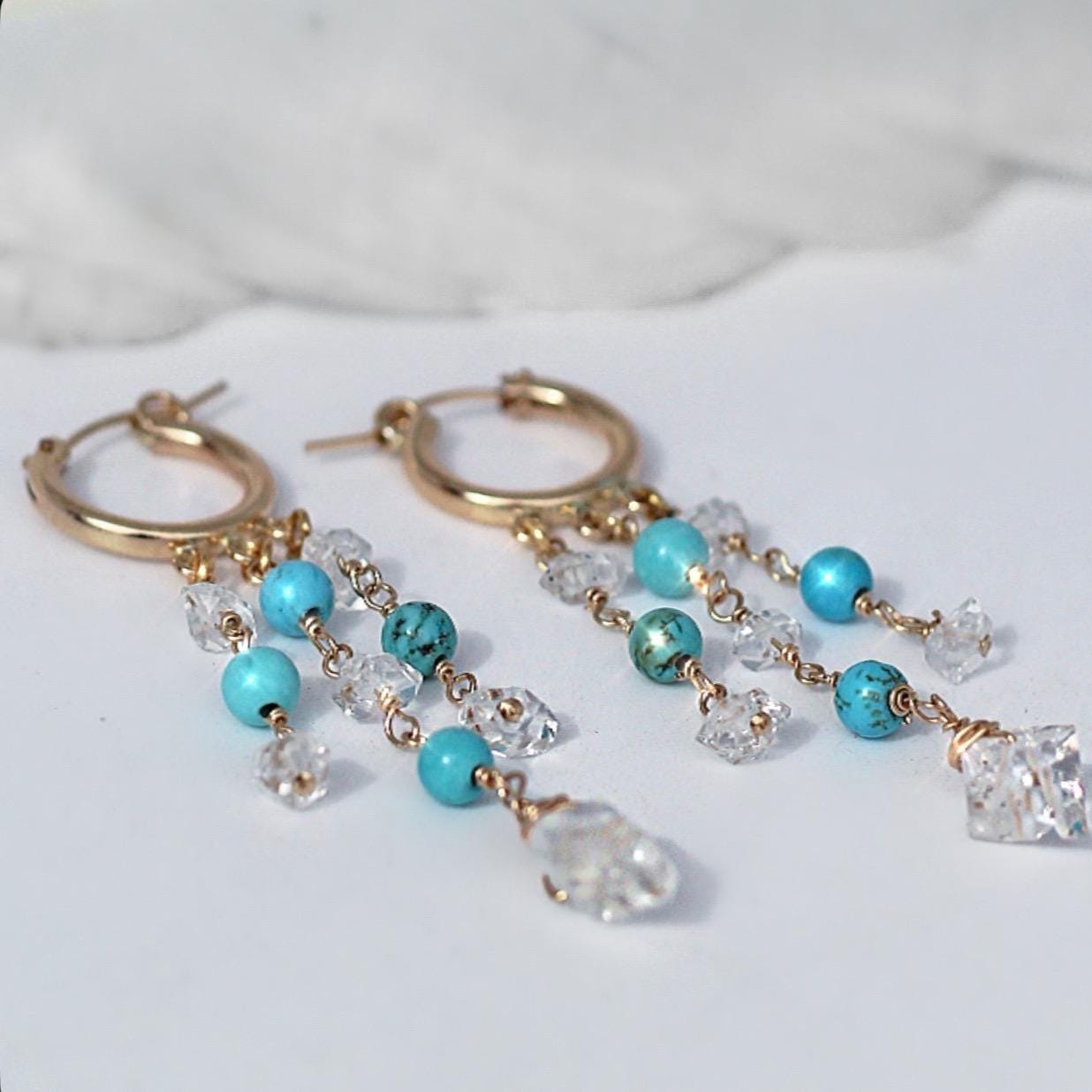 Delicate Boho Beaded Huggies, Dainty Boho Turquoise Hoops, Gemstone Huggie Earrings, Bohemian Earrings, Herkimer Diamond Dangle Earrings