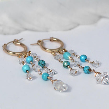 Delicate Boho Beaded Huggies, Dainty Boho Turquoise Hoops, Gemstone Huggie Earrings, Bohemian Earrings, Herkimer Diamond Dangle Earrings