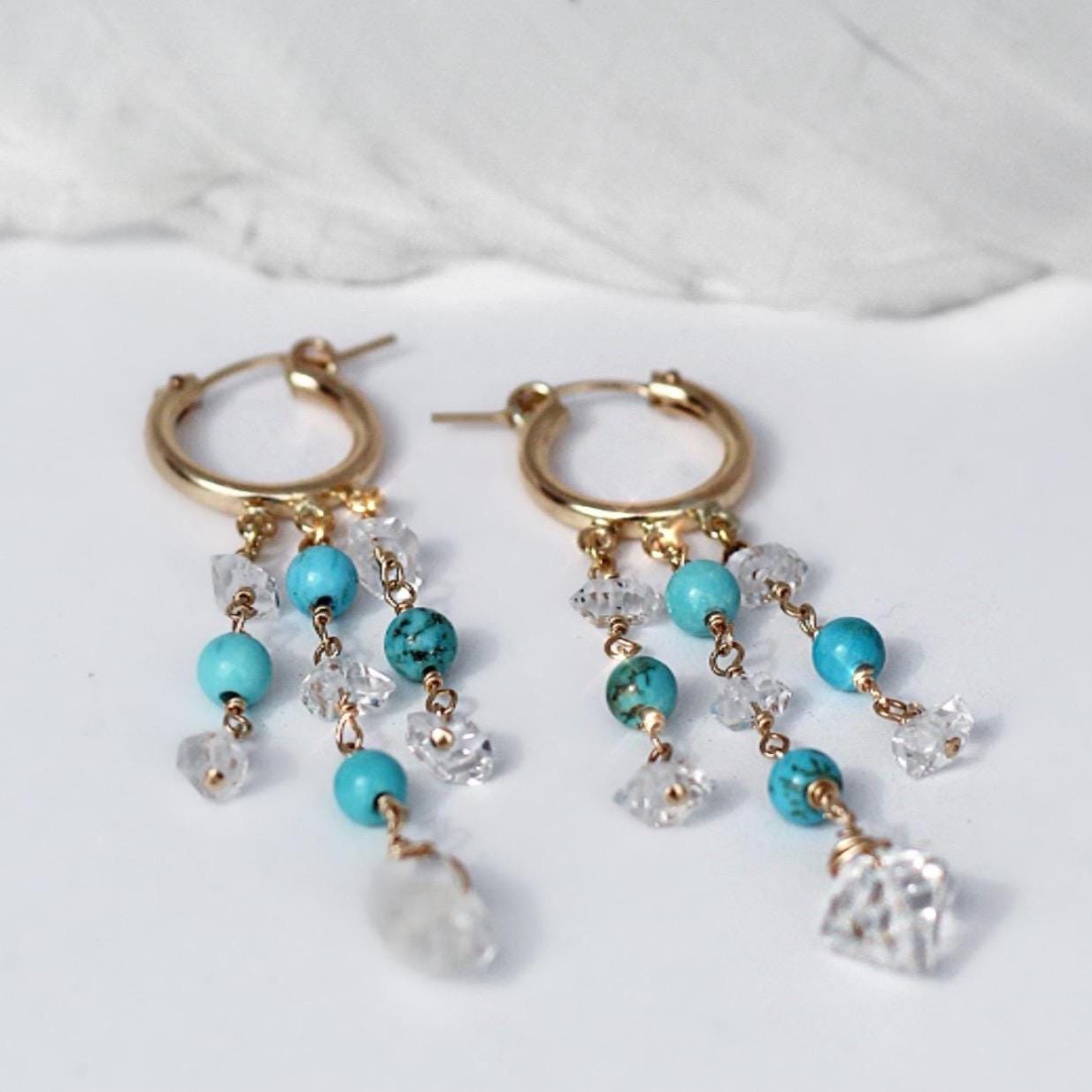 Delicate Boho Beaded Huggies, Dainty Boho Turquoise Hoops, Gemstone Huggie Earrings, Bohemian Earrings, Herkimer Diamond Dangle Earrings