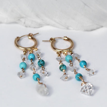 Delicate Boho Beaded Huggies, Dainty Boho Turquoise Hoops, Gemstone Huggie Earrings, Bohemian Earrings, Herkimer Diamond Dangle Earrings