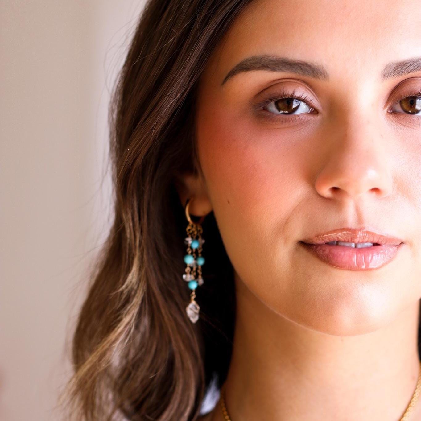 Delicate Boho Beaded Huggies, Dainty Boho Turquoise Hoops, Gemstone Huggie Earrings, Bohemian Earrings, Herkimer Diamond Dangle Earrings