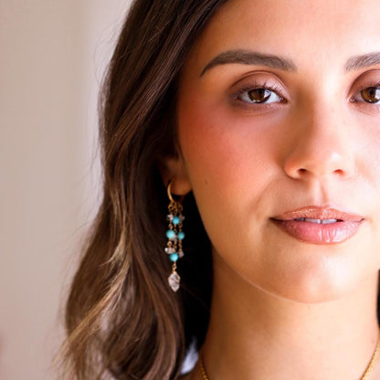 Delicate Boho Beaded Huggies, Dainty Boho Turquoise Hoops, Gemstone Huggie Earrings, Bohemian Earrings, Herkimer Diamond Dangle Earrings
