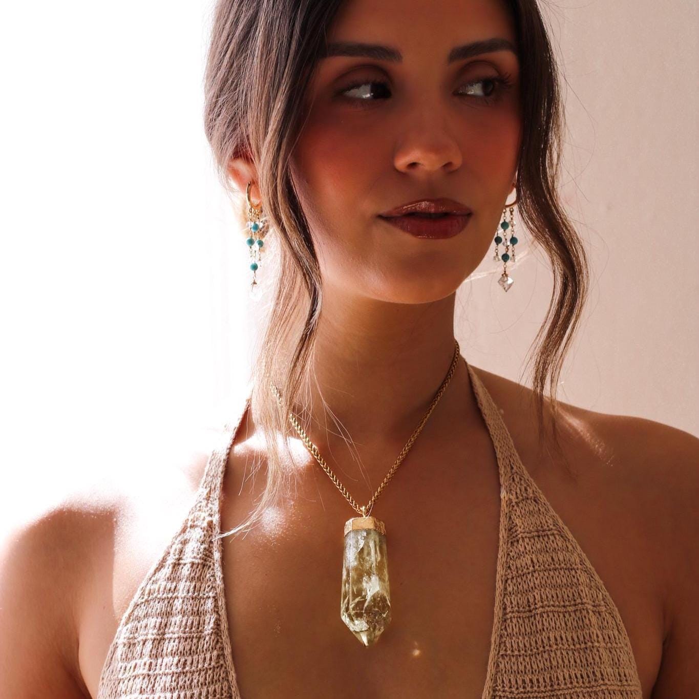 Delicate Boho Beaded Huggies, Dainty Boho Turquoise Hoops, Gemstone Huggie Earrings, Bohemian Earrings, Herkimer Diamond Dangle Earrings