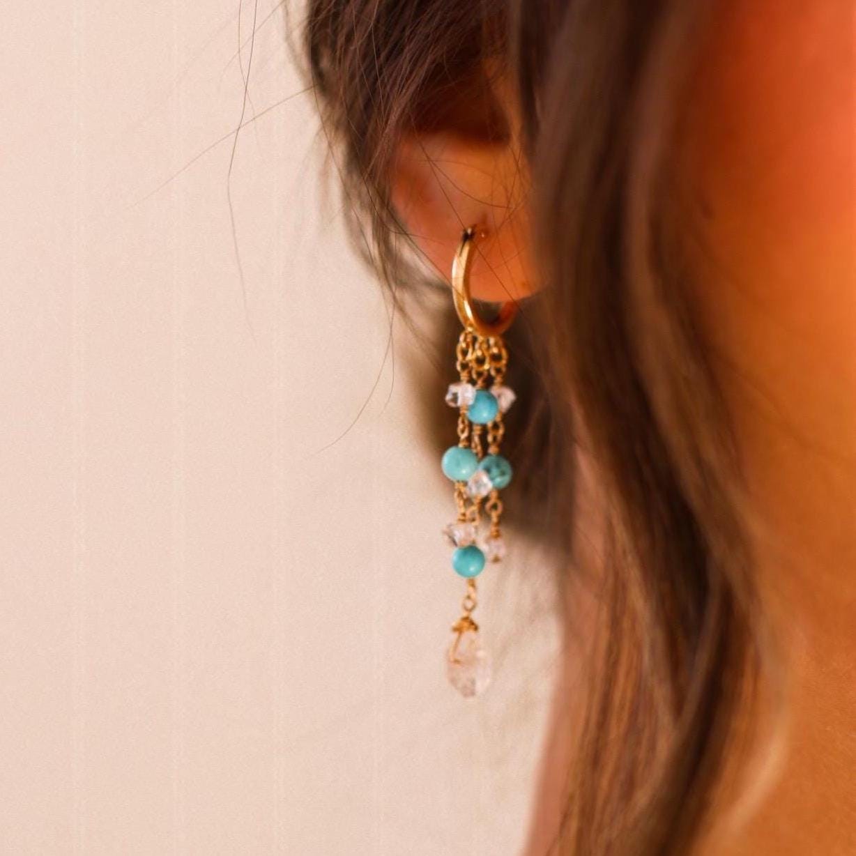 Delicate Boho Beaded Huggies, Dainty Boho Turquoise Hoops, Gemstone Huggie Earrings, Bohemian Earrings, Herkimer Diamond Dangle Earrings