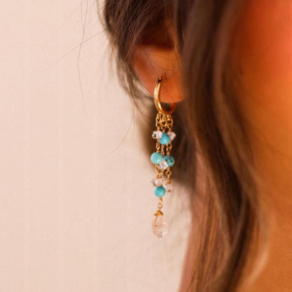 Delicate Boho Beaded Huggies, Dainty Boho Turquoise Hoops, Gemstone Huggie Earrings, Bohemian Earrings, Herkimer Diamond Dangle Earrings