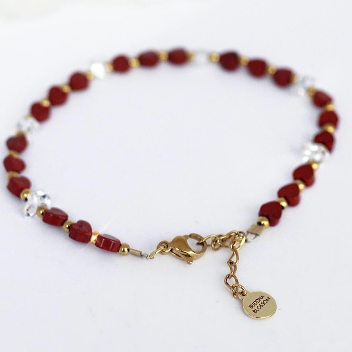 Red Heart Beaded Gemstone Bracelet, Jasper and Herkimer Diamonds, Gift for Girlfriend, Love Symbol, Heart Jewelry, Heart Chakra Bracelet