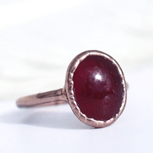 Ruby Oval Ring in Copper, July Birthstone Jewelry, Dark Pink Stone Ring, Big Ruby Stone, Polished Ruby Gemstone Ring