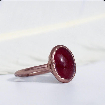 Ruby Oval Ring in Copper, July Birthstone Jewelry, Dark Pink Stone Ring, Big Ruby Stone, Polished Ruby Gemstone Ring