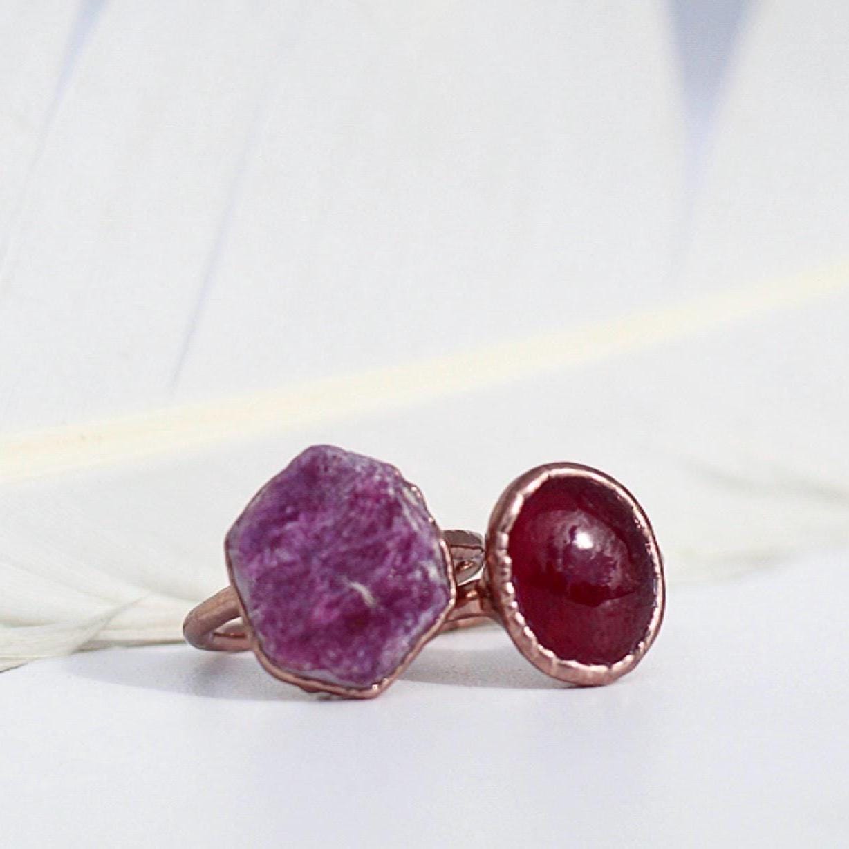 Ruby Oval Ring in Copper, July Birthstone Jewelry, Dark Pink Stone Ring, Big Ruby Stone, Polished Ruby Gemstone Ring