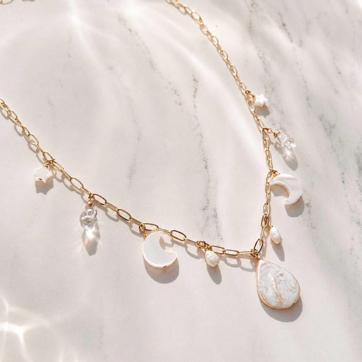 Moon and Pearl Charm Station Necklace, Celestial Charm Necklace, Pearl Charm Choker, Pearl and Crystal Necklace, Boho Wedding Necklace