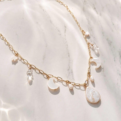 Moon and Pearl Charm Station Necklace, Celestial Charm Necklace, Pearl Charm Choker, Pearl and Crystal Necklace, Boho Wedding Necklace