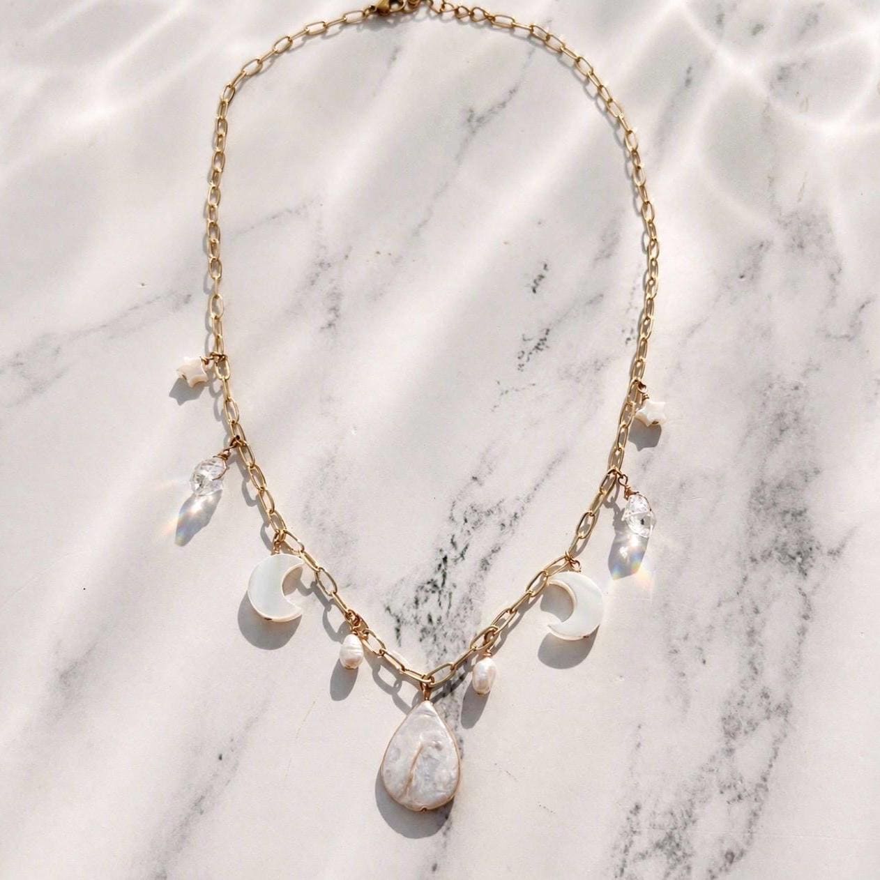Moon and Pearl Charm Station Necklace, Celestial Charm Necklace, Pearl Charm Choker, Pearl and Crystal Necklace, Boho Wedding Necklace