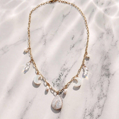 Moon and Pearl Charm Station Necklace, Celestial Charm Necklace, Pearl Charm Choker, Pearl and Crystal Necklace, Boho Wedding Necklace