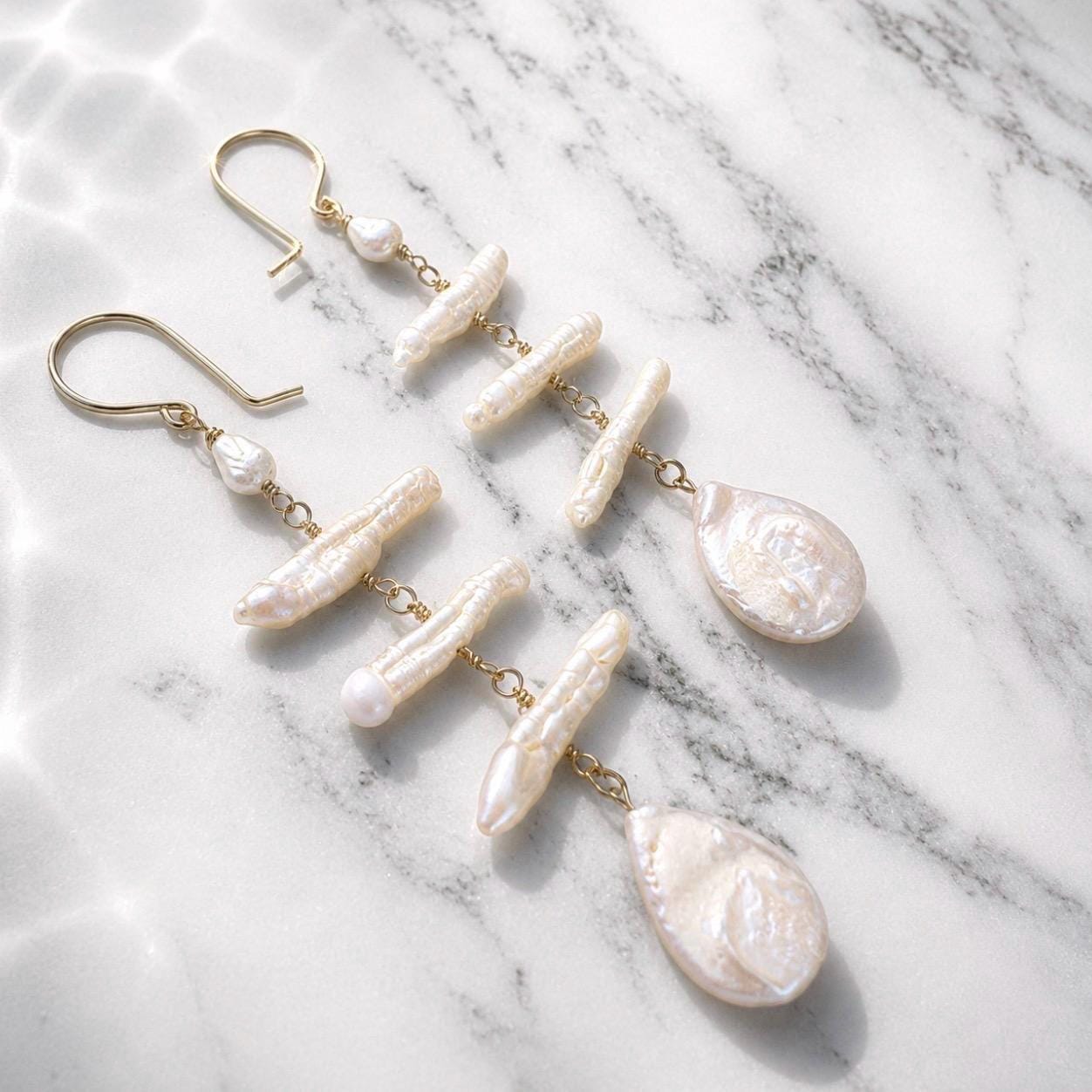 Teardrop Pearl Statement Dangle Earrings, Unique Biwa Pearl Jewelry, Handmade Bridal Earrings, Freshwater Pearls