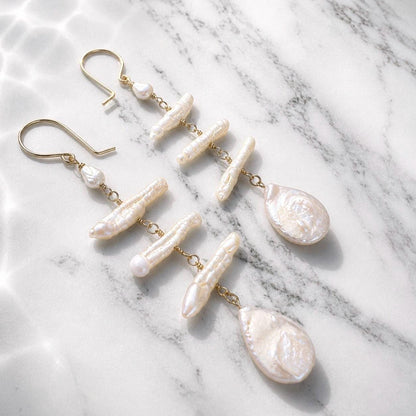 Teardrop Pearl Statement Dangle Earrings, Unique Biwa Pearl Jewelry, Handmade Bridal Earrings, Freshwater Pearls