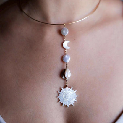 Mother of Pearl Sun and Moon Face Gold Filled Collar Necklace, Sun and Moon Statement Choker, Beachy Lariat Choker Necklace, Sterling Silver