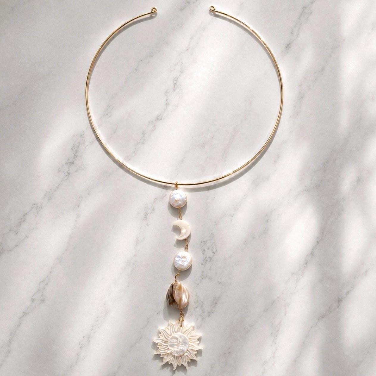 Mother of Pearl Sun and Moon Face Gold Filled Collar Necklace, Sun and Moon Statement Choker, Beachy Lariat Choker Necklace, Sterling Silver