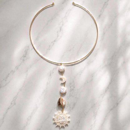 Mother of Pearl Sun and Moon Face Gold Filled Collar Necklace, Sun and Moon Statement Choker, Beachy Lariat Choker Necklace, Sterling Silver