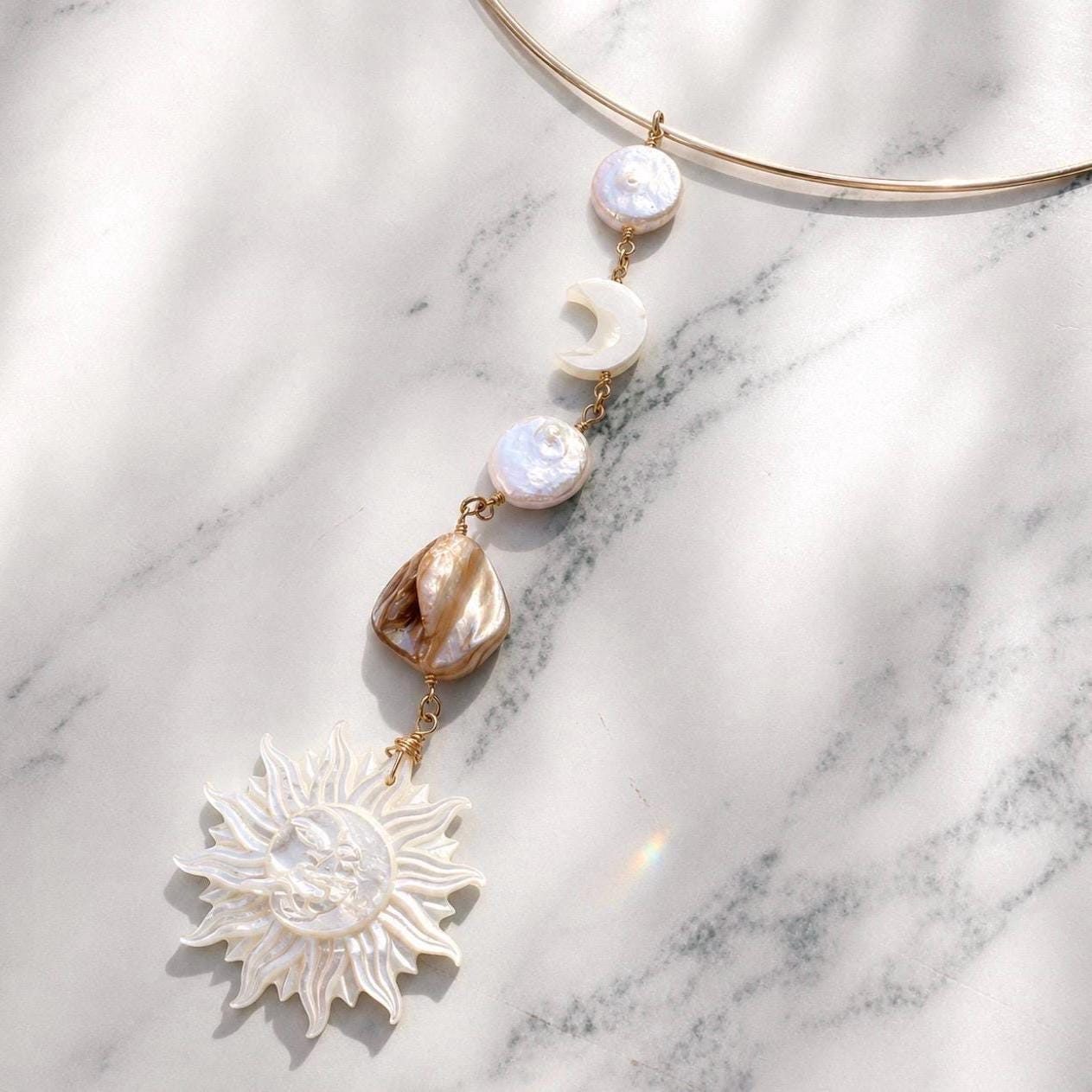 Mother of Pearl Sun and Moon Face Gold Filled Collar Necklace, Sun and Moon Statement Choker, Beachy Lariat Choker Necklace, Sterling Silver