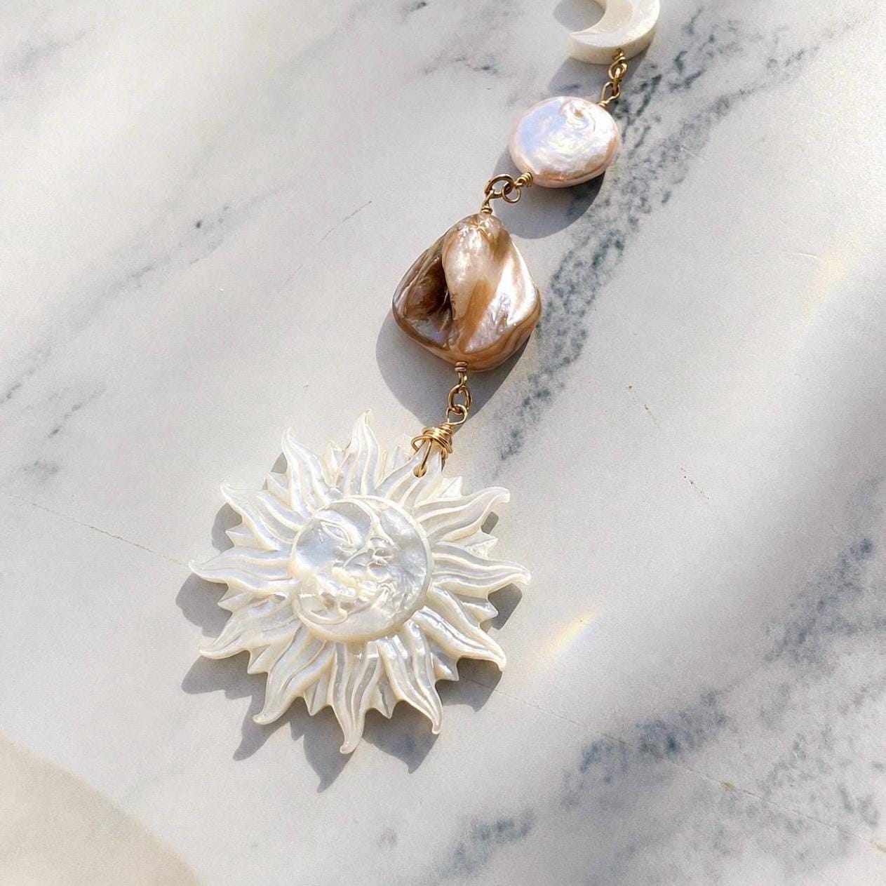 Mother of Pearl Sun and Moon Face Gold Filled Collar Necklace, Sun and Moon Statement Choker, Beachy Lariat Choker Necklace, Sterling Silver
