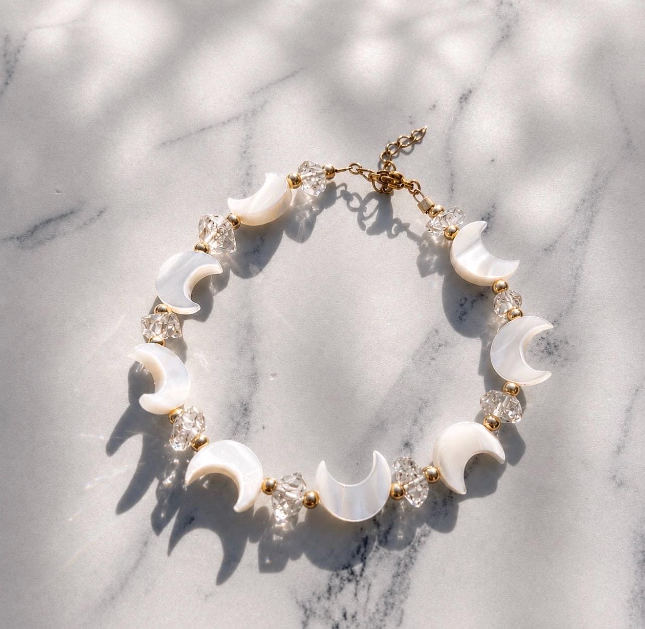 Pearl Moon and Crystal Bracelet, Celestial Bracelet, Pearl and Herkimer Diamond Bracelet, Mother of Pearl Bracelet, Moon Bead Bracelet