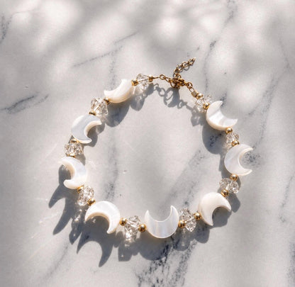 Pearl Moon and Crystal Bracelet, Celestial Bracelet, Pearl and Herkimer Diamond Bracelet, Mother of Pearl Bracelet, Moon Bead Bracelet