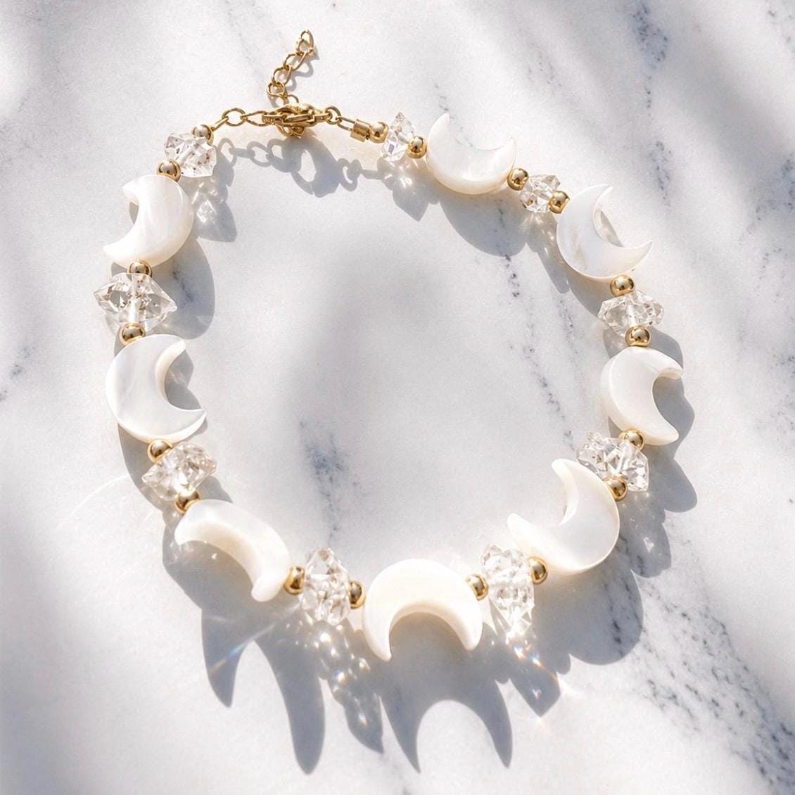 Pearl Moon and Crystal Bracelet, Celestial Bracelet, Pearl and Herkimer Diamond Bracelet, Mother of Pearl Bracelet, Moon Bead Bracelet