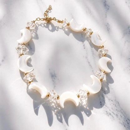 Pearl Moon and Crystal Bracelet, Celestial Bracelet, Pearl and Herkimer Diamond Bracelet, Mother of Pearl Bracelet, Moon Bead Bracelet