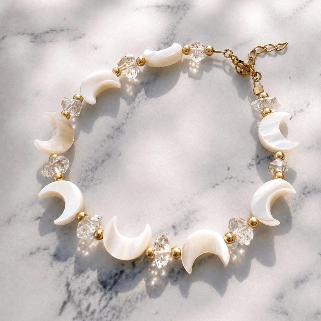 Pearl Moon and Crystal Bracelet, Celestial Bracelet, Pearl and Herkimer Diamond Bracelet, Mother of Pearl Bracelet, Moon Bead Bracelet