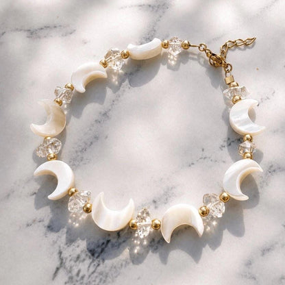 Pearl Moon and Crystal Bracelet, Celestial Bracelet, Pearl and Herkimer Diamond Bracelet, Mother of Pearl Bracelet, Moon Bead Bracelet