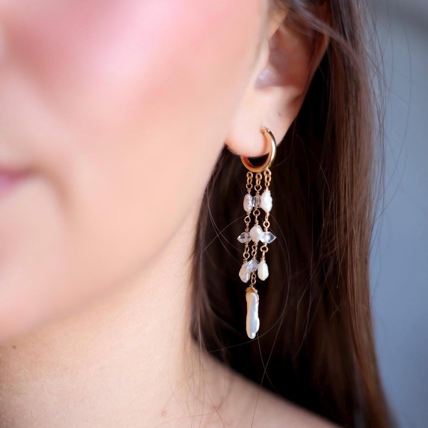 Pearl Fringe Earrings, Pearl Huggie Earrings, Pearl Drop Tassel Earrings, Freshwater Pearl Cascade Earrings, Boho Bride Earrings