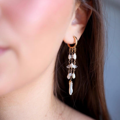 Pearl Fringe Earrings, Pearl Huggie Earrings, Pearl Drop Tassel Earrings, Freshwater Pearl Cascade Earrings, Boho Bride Earrings