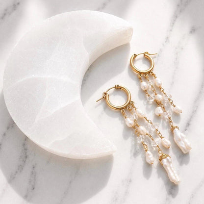 Pearl Fringe Earrings, Pearl Huggie Earrings, Pearl Drop Tassel Earrings, Freshwater Pearl Cascade Earrings, Boho Bride Earrings