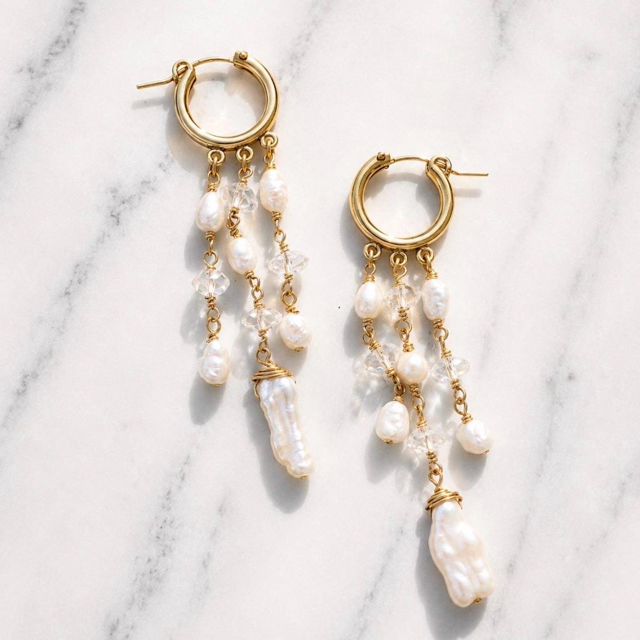 Pearl Fringe Earrings, Pearl Huggie Earrings, Pearl Drop Tassel Earrings, Freshwater Pearl Cascade Earrings, Boho Bride Earrings