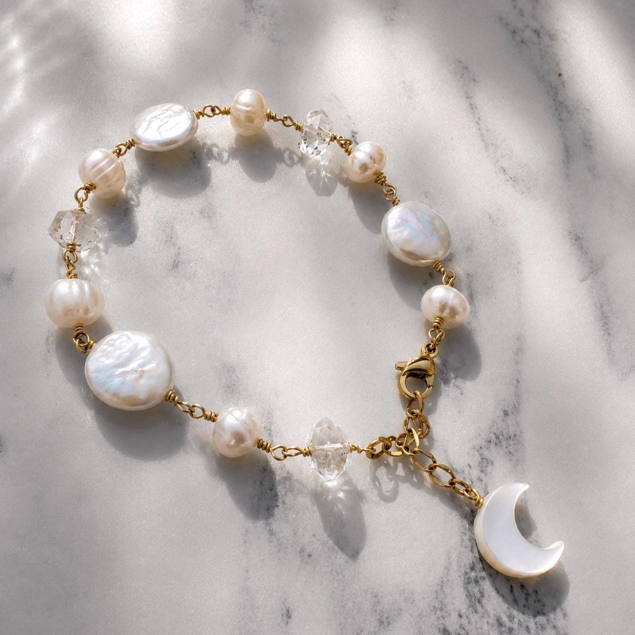 Pearl Moon Bracelet, Boho Pearl Bracelet for Women, Freshwater Baroque Pearl Jewelry, Boho Bride Bracelet