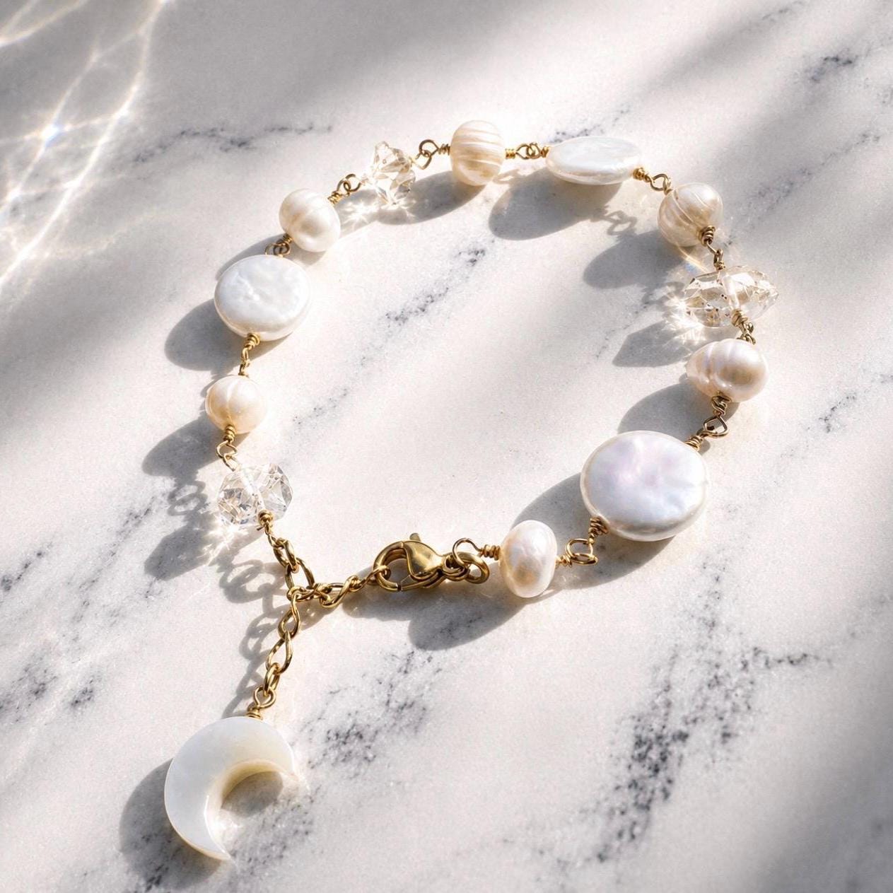 Pearl Moon Bracelet, Boho Pearl Bracelet for Women, Freshwater Baroque Pearl Jewelry, Boho Bride Bracelet