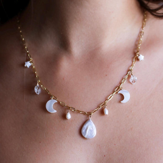 Moon and Pearl Charm Station Necklace, Celestial Charm Necklace, Pearl Charm Choker, Pearl and Crystal Necklace, Boho Wedding Necklace