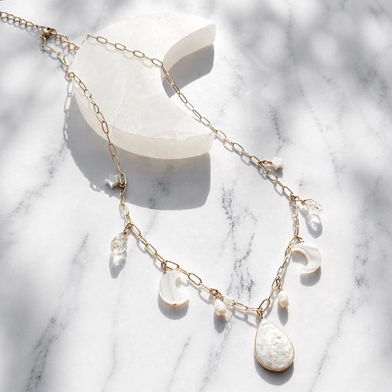 Moon and Pearl Charm Station Necklace, Celestial Charm Necklace, Pearl Charm Choker, Pearl and Crystal Necklace, Boho Wedding Necklace