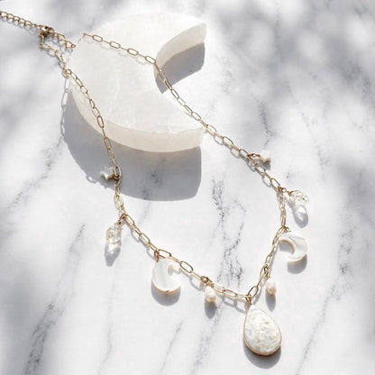 Moon and Pearl Charm Station Necklace, Celestial Charm Necklace, Pearl Charm Choker, Pearl and Crystal Necklace, Boho Wedding Necklace