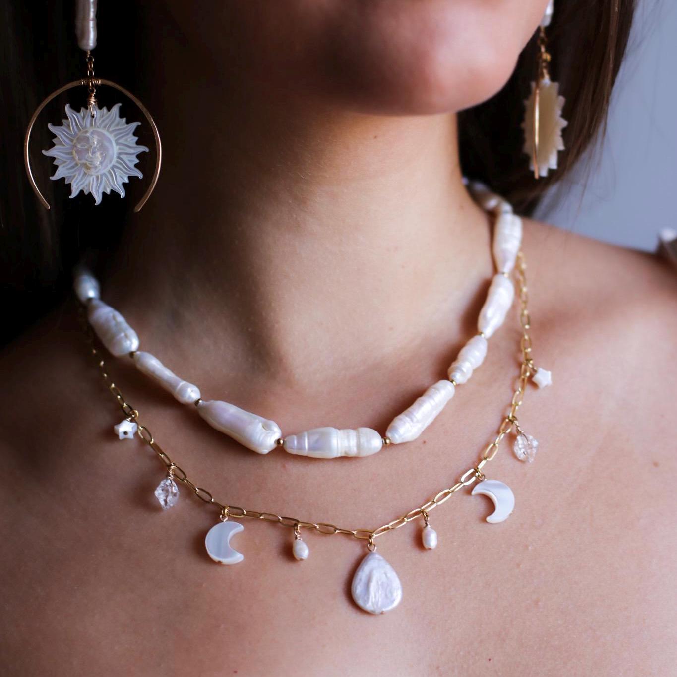 Moon and Pearl Charm Station Necklace, Celestial Charm Necklace, Pearl Charm Choker, Pearl and Crystal Necklace, Boho Wedding Necklace