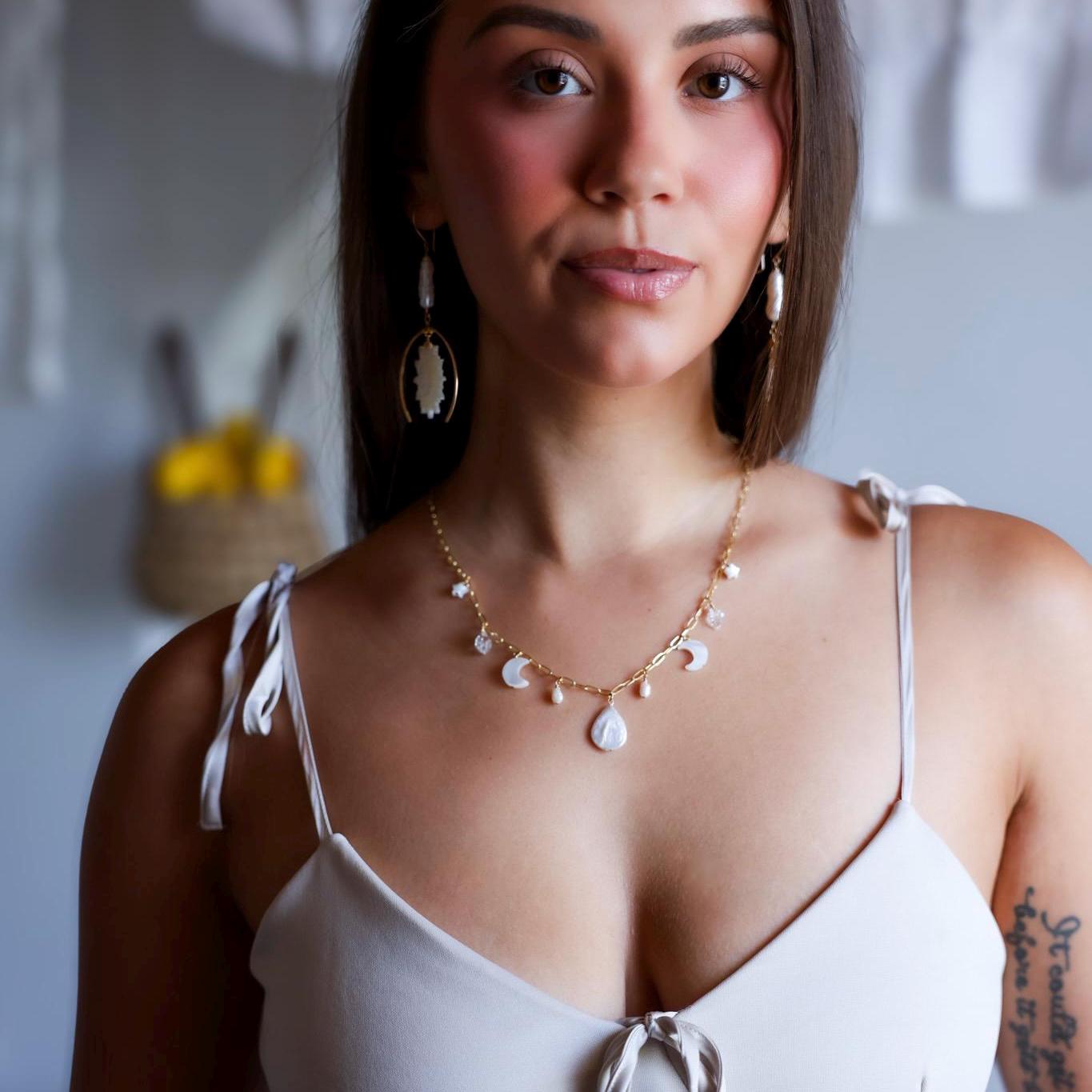 Moon and Pearl Charm Station Necklace, Celestial Charm Necklace, Pearl Charm Choker, Pearl and Crystal Necklace, Boho Wedding Necklace