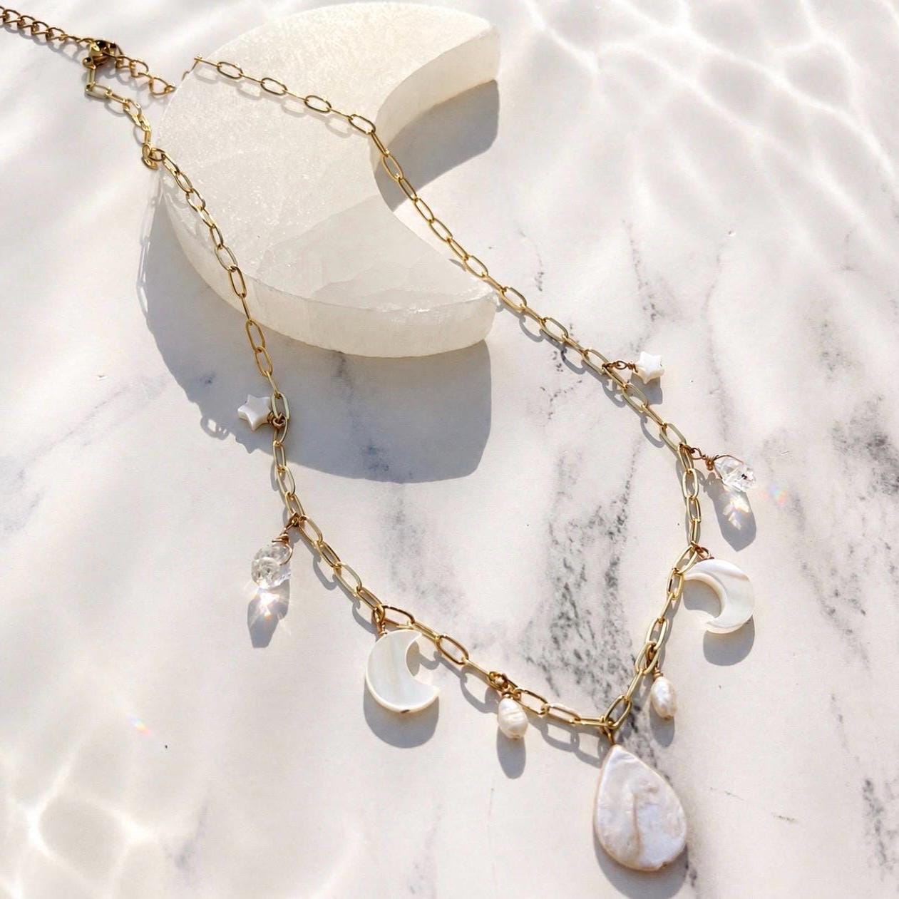 Moon and Pearl Charm Station Necklace, Celestial Charm Necklace, Pearl Charm Choker, Pearl and Crystal Necklace, Boho Wedding Necklace
