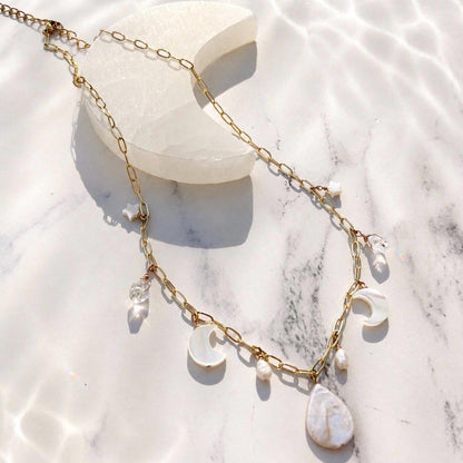 Moon and Pearl Charm Station Necklace, Celestial Charm Necklace, Pearl Charm Choker, Pearl and Crystal Necklace, Boho Wedding Necklace