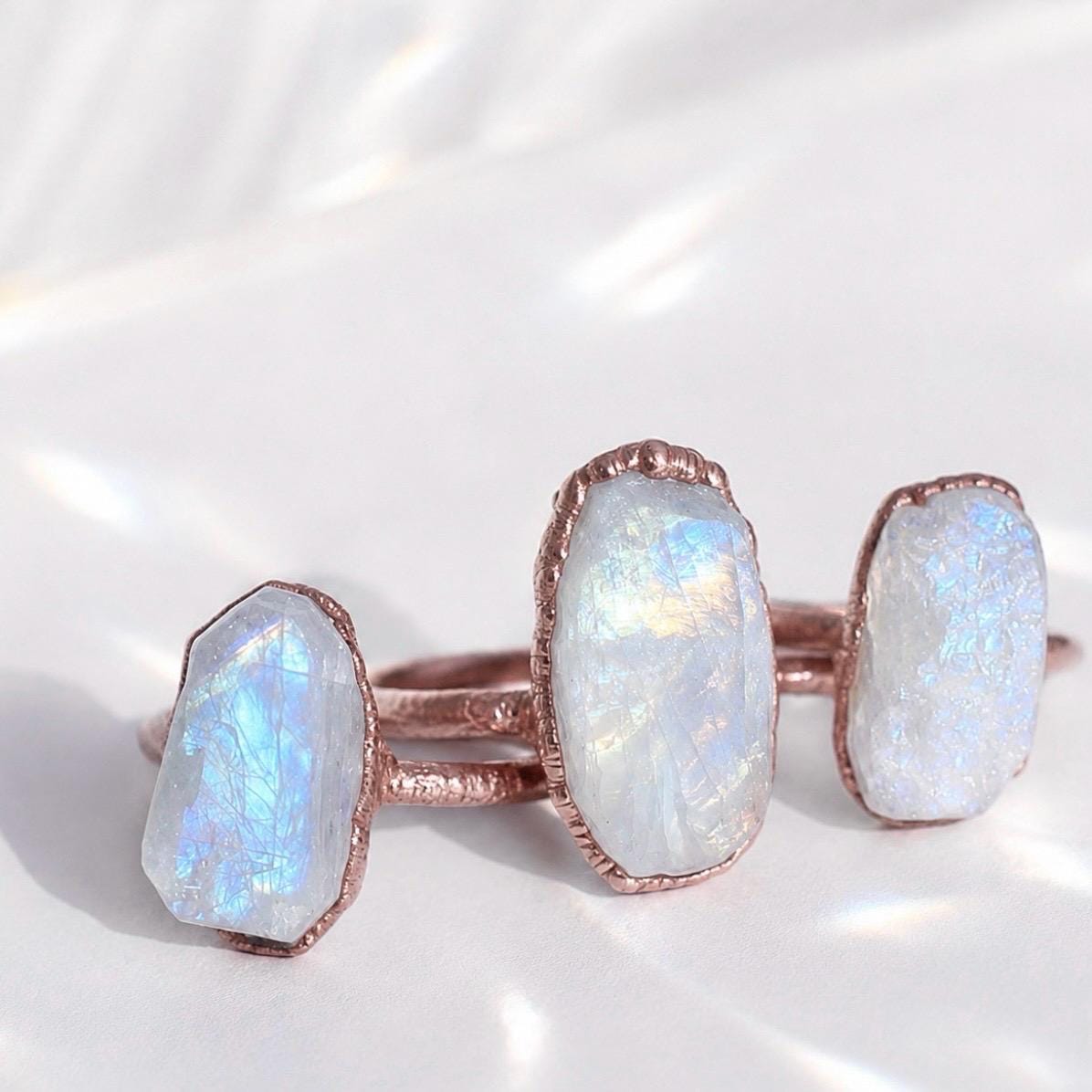 Chunky Raw Rainbow Moonstone Ring in Copper, June Birthstone Ring, Unique June Birthday Gift, Organic Copper Jewelry