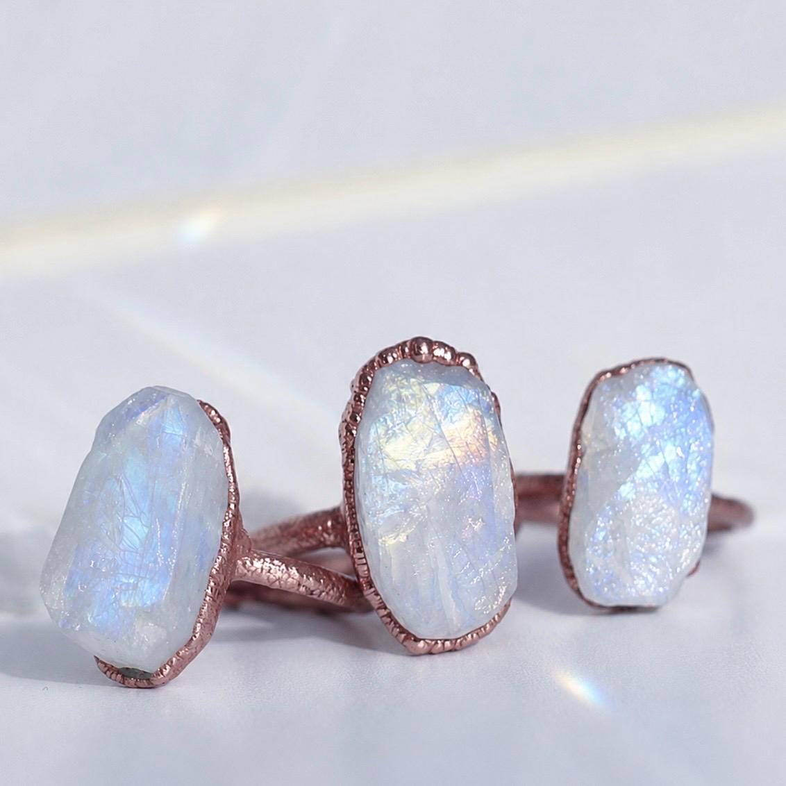 Chunky Raw Rainbow Moonstone Ring in Copper, June Birthstone Ring, Unique June Birthday Gift, Organic Copper Jewelry